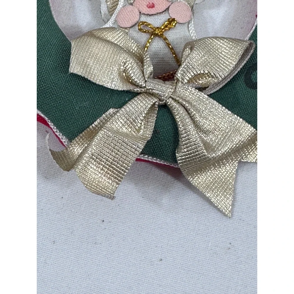 Handmade Vintage Christmas Wreath Ornament Green Red Fabric Angel Gold Bow 3.5